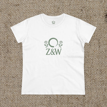 ZenAndWhiskey Classic 100% Cotton Tee in white, featuring a stylish logo with roses, perfect for casual, everyday wear.