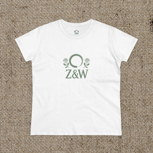 ZenAndWhiskey Classic 100% Cotton Tee in white, featuring a stylish logo with roses, perfect for casual, everyday wear.