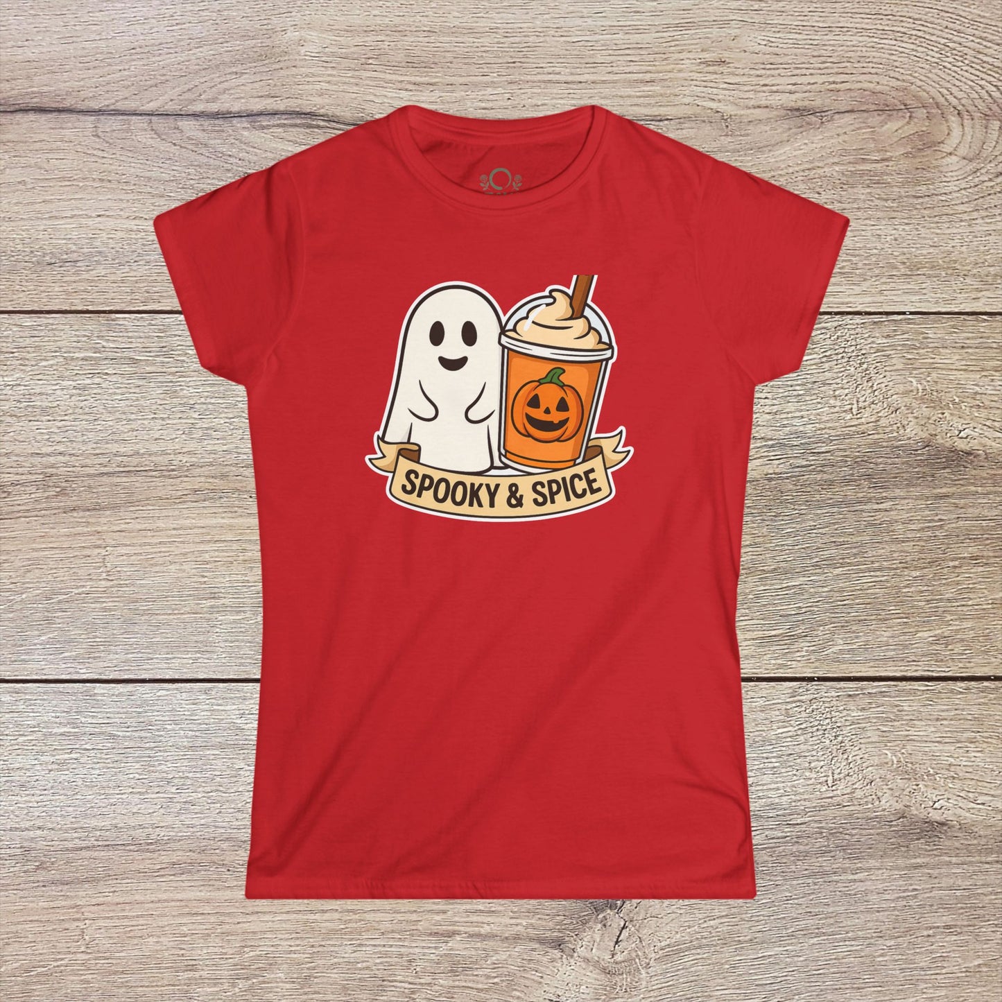 Spooky And Spice Ghost Graphic Tee in red, designed with a cheerful ghost and pumpkin spice beverage, a must-have for festive occasions.