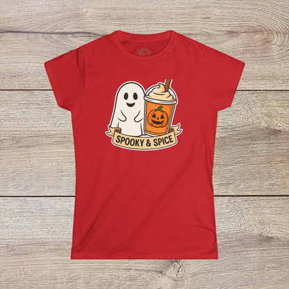 Spooky And Spice Ghost Graphic Tee in red, designed with a cheerful ghost and pumpkin spice beverage, a must-have for festive occasions.