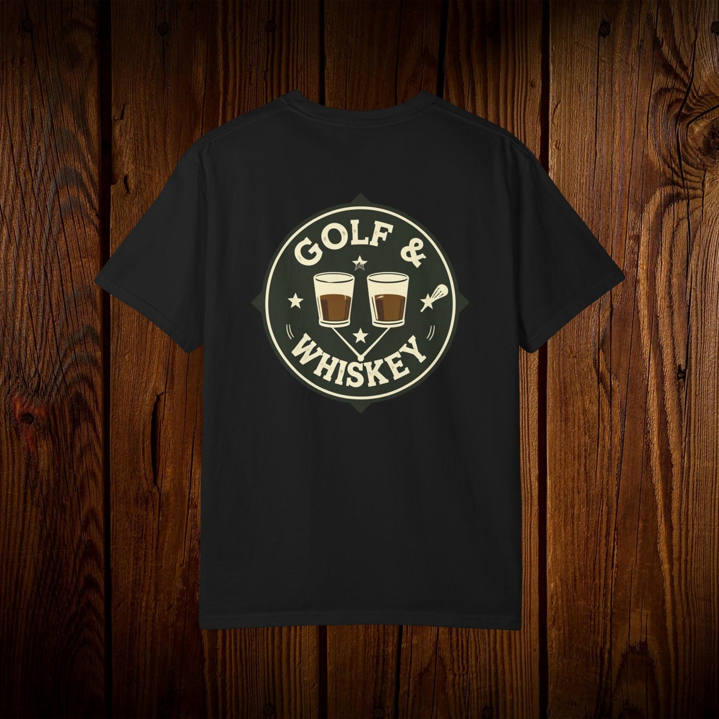 Men's Golf & Whiskey Tee in classic black, displaying a bold design of golf and whiskey, perfect for all occasions.