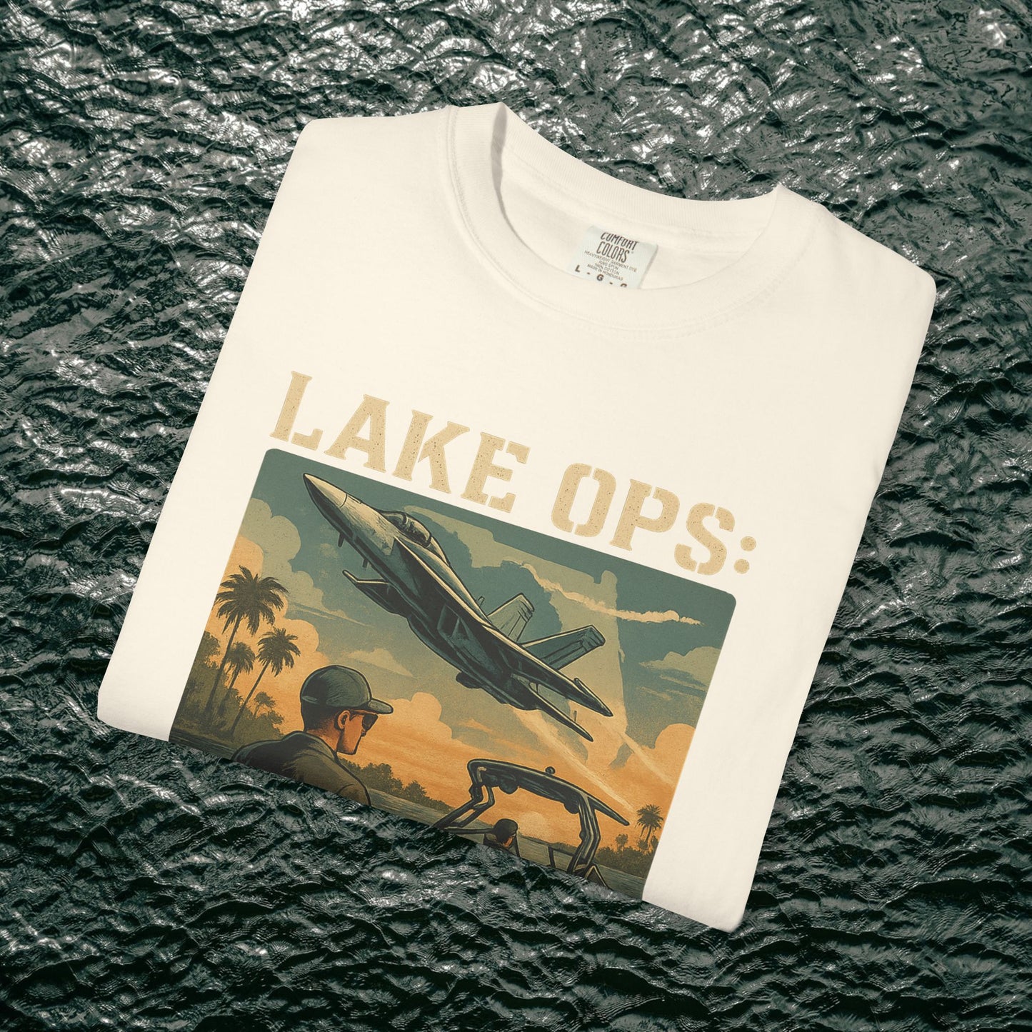 Garment-Dyed Comfort Tee For Adults in white color with a stylish 'LAKE OPS:' graphic, combining comfort and fashion for any occasion. Made from 100% ring-spun cotton, available in sizes S-4XL.