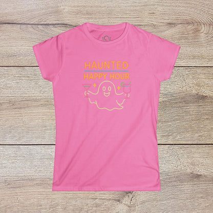 Pink Haunted Happy Hour T-Shirt showcasing a cheerful ghost with cocktails, great for adding a whimsical touch to Halloween festivities.