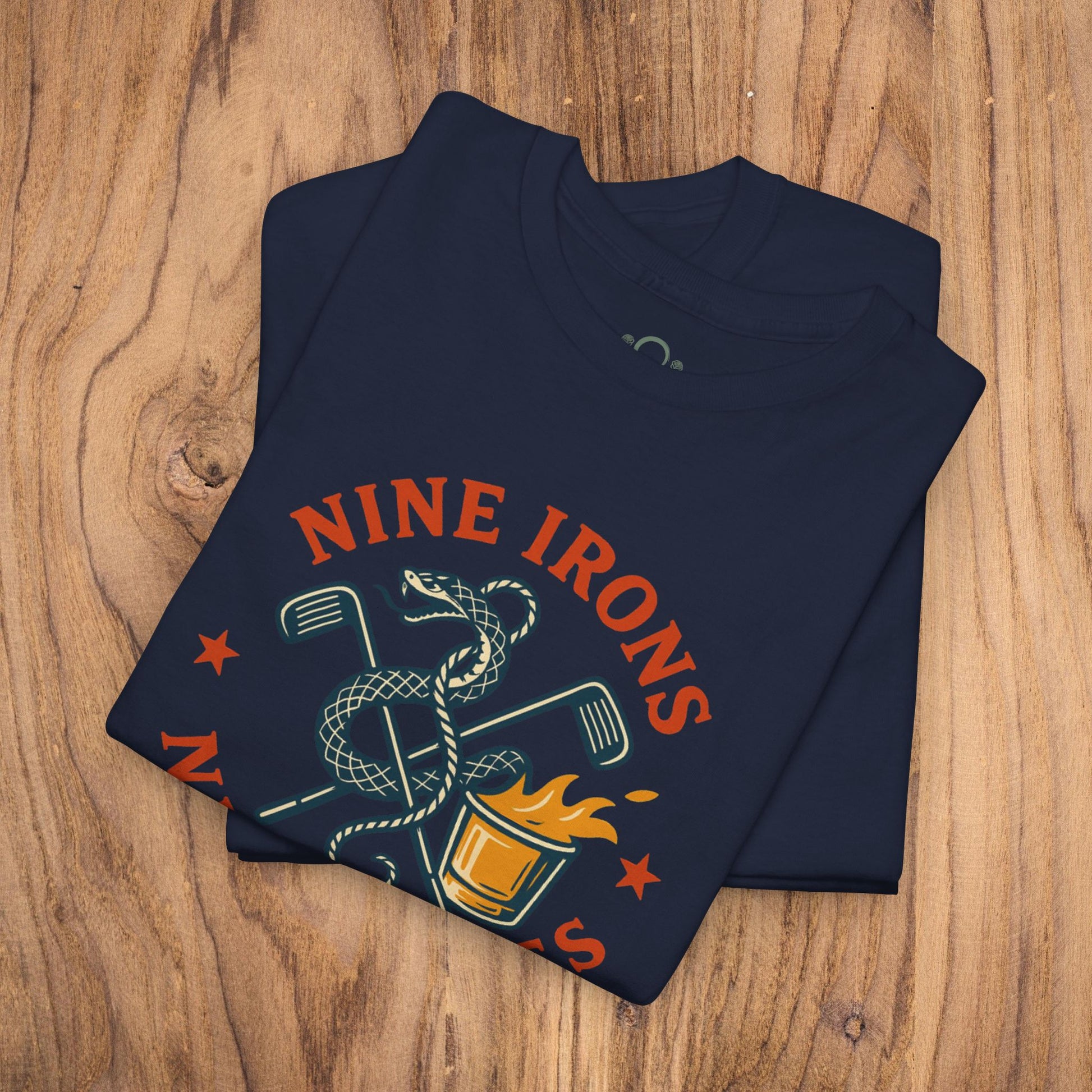 Golf-Themed 100% Cotton T-Shirt in navy, featuring an eye-catching 'NINE IRONS' print with golf symbols, making it a stylish choice for golf fans and a perfect gift for fathers.