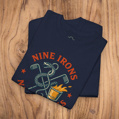 Golf-Themed 100% Cotton T-Shirt in navy, featuring an eye-catching 'NINE IRONS' print with golf symbols, making it a stylish choice for golf fans and a perfect gift for fathers.