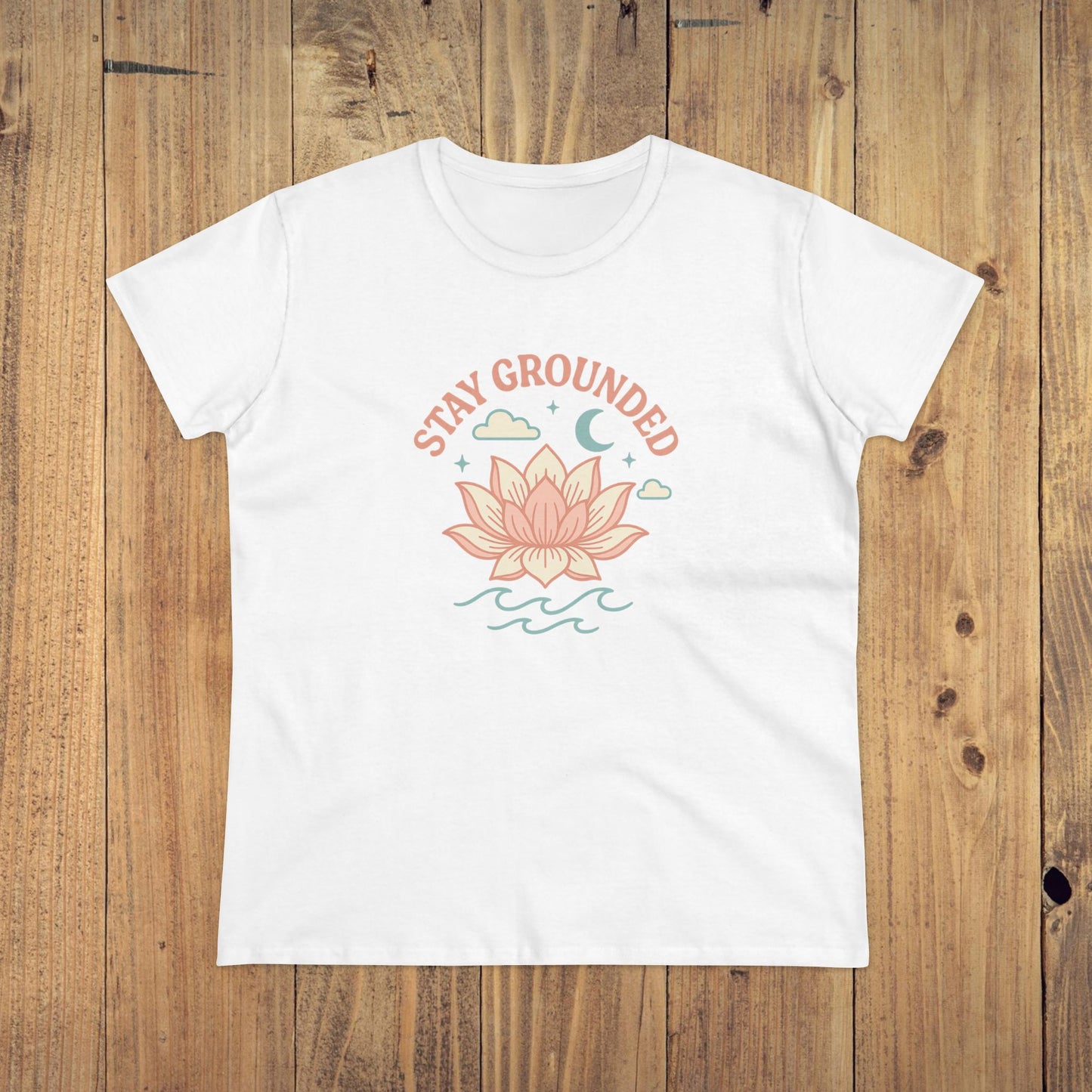 Stay Grounded Spiritual Tee - Classic white crop top with a beautiful lotus flower print, perfect for comfort and casual wear.