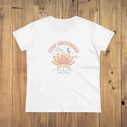 Stay Grounded Spiritual Tee - Classic white crop top with a beautiful lotus flower print, perfect for comfort and casual wear.