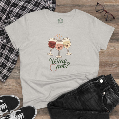 Wine Not Tee styled with casual attire, displaying the playful wine glass graphic in a light gray shade.