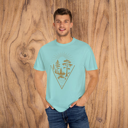 Man modeling the Nature Outdoor Vibes Tee in light blue, designed with a nature theme, ideal for casual outdoor wear.