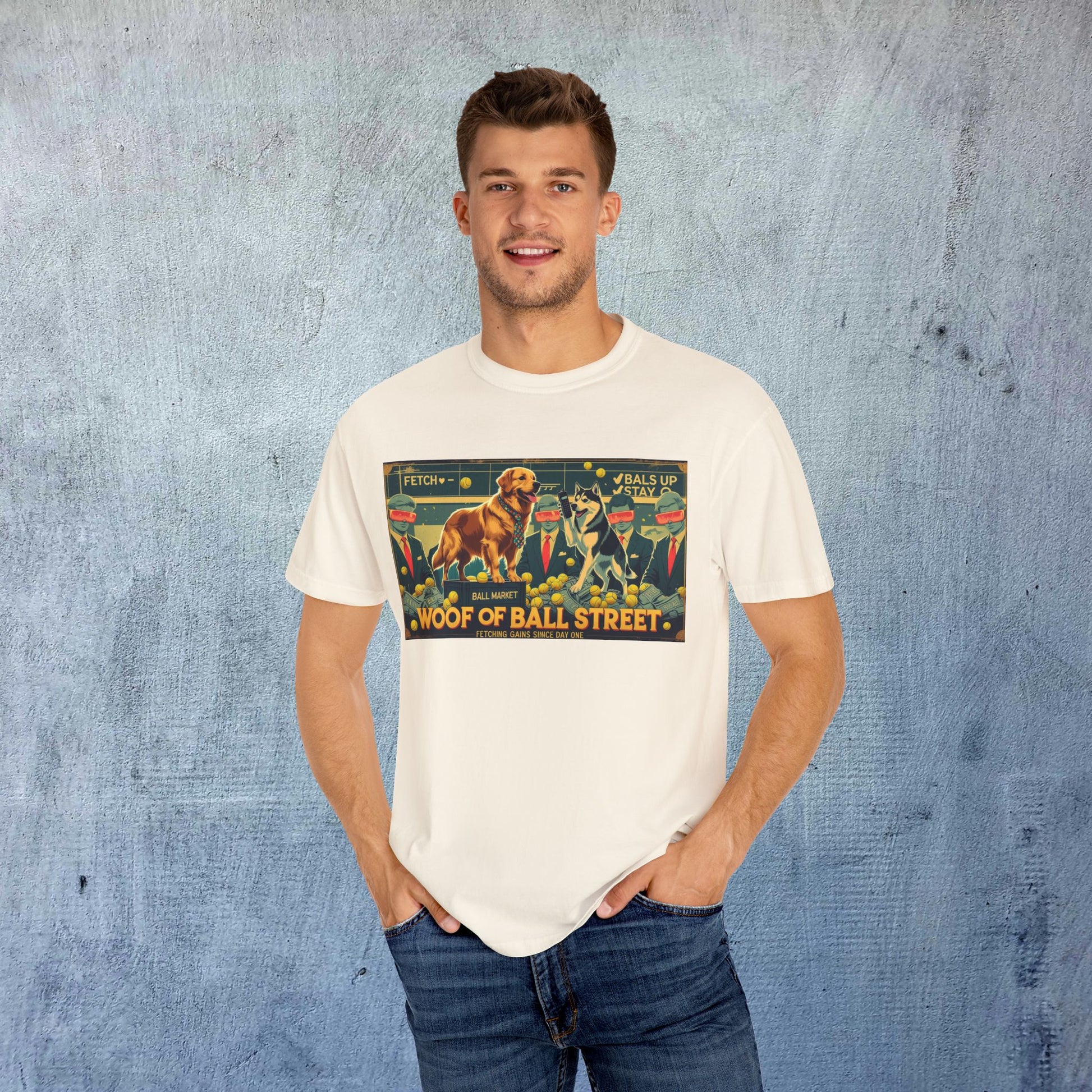 Male model wearing the Sleek Woof of Ball Street T-Shirt, showcasing a vibrant design with playful dog illustrations, highlighting comfort and style in 100% cotton fabric.