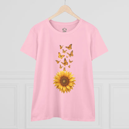 Sunflower & Butterflies Cotton Tee for Women in light pink, presented in a stylish setting with a sunflower and butterfly design, made from 100% soft cotton for a comfortable and fashionable look.