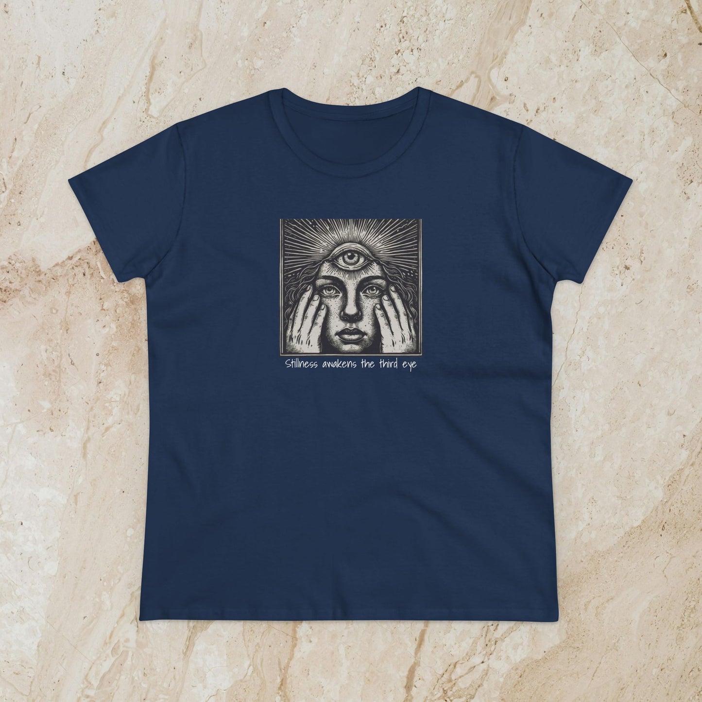 Stylish Third Eye Graphic Tee in navy blue, featuring a striking design of a third eye and expressive hands. Made of 100% cotton, this cropped tee combines style with comfort.