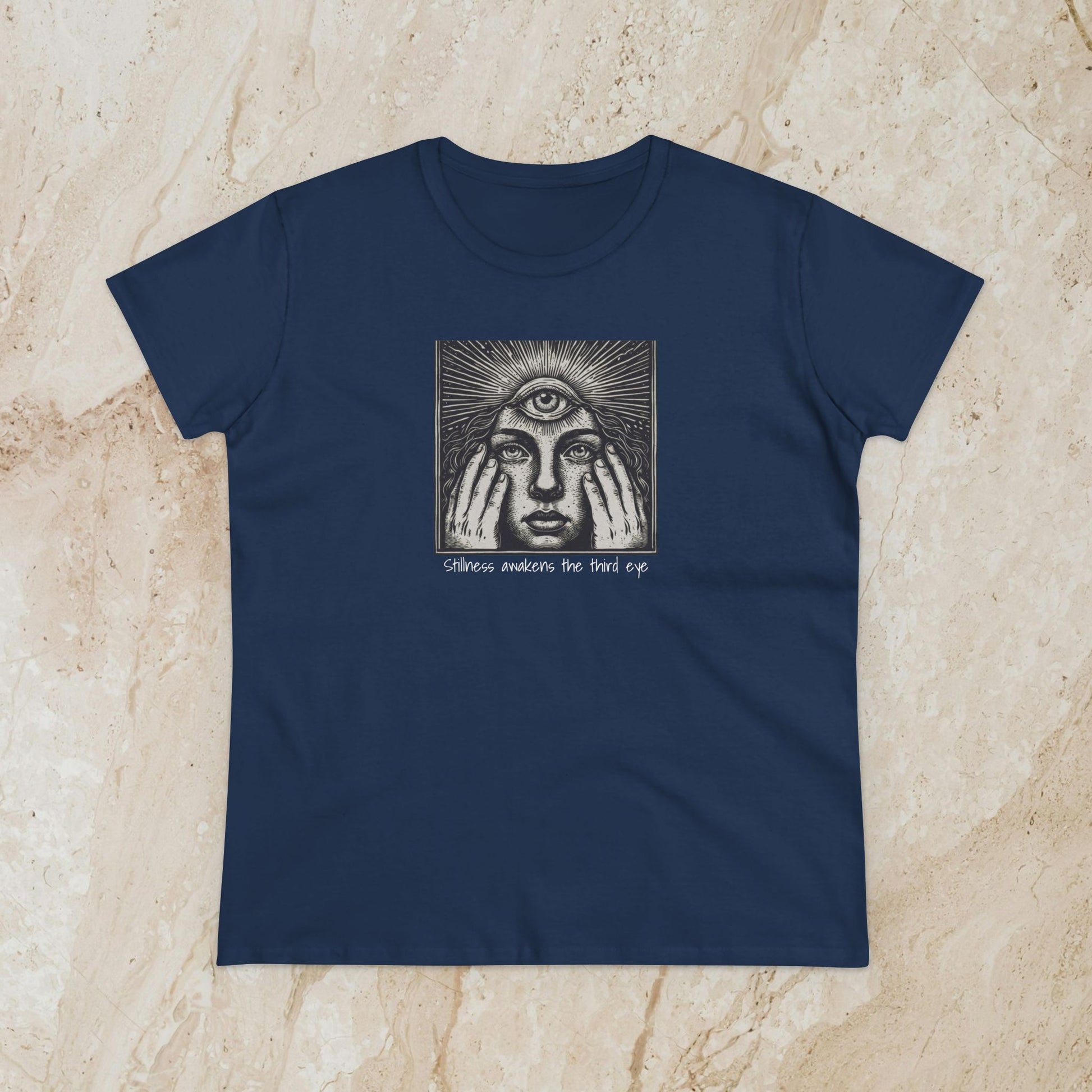 Stylish Third Eye Graphic Tee in navy blue, featuring a striking design of a third eye and expressive hands. Made of 100% cotton, this cropped tee combines style with comfort.