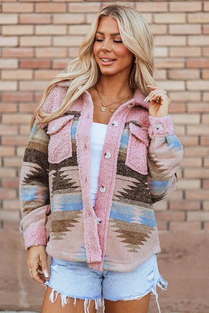 Trendsi Button Up Long Sleeve Jacket showcasing its unique pink and brown design, model wearing it with a white top and denim shorts.