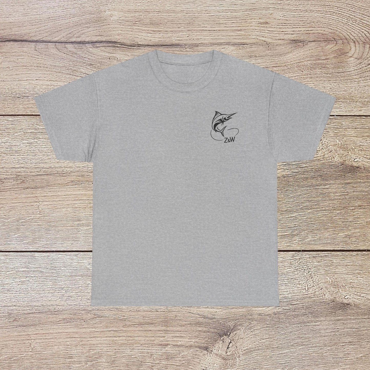 Fishing Adventure Tee - Unisex Heavy Cotton Shirt for Nature Lovers, in a stylish gray shade, featuring a marlin illustration, perfect for casual outings and beach days.