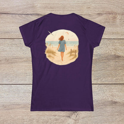Women's Coastal Spirit Midweight Cotton Tee in purple, featuring a picturesque beach design on the back, perfect for nature enthusiasts.