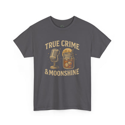 True Crime & Moonshine Unisex Graphic Tee displayed with a vintage microphone and jar illustration, ideal for true crime lovers who love casual fashion.