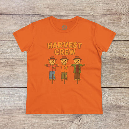 Harvest Crew Halloween T-Shirt in vibrant orange featuring a charming trio of scarecrows, made from soft 100% ring-spun cotton for a cozy fit.