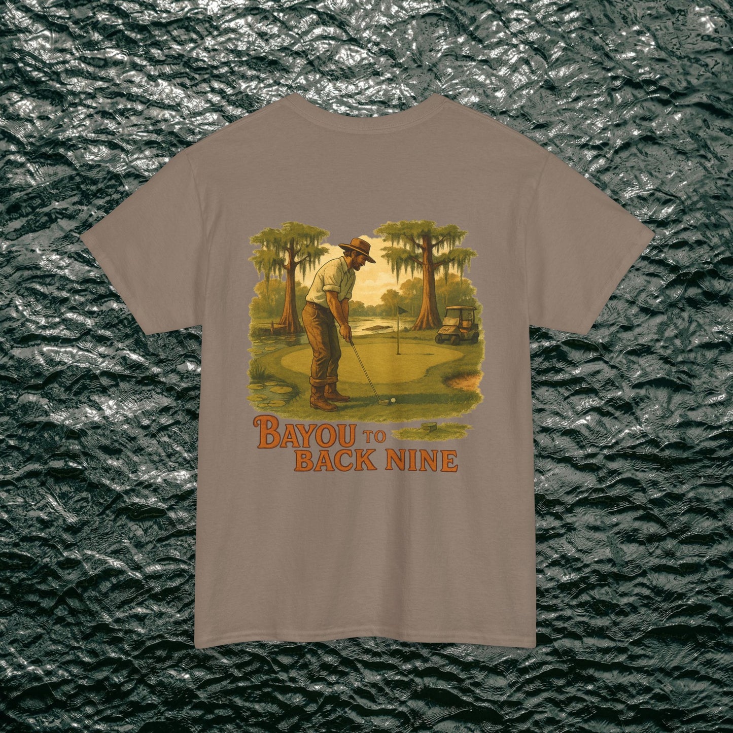 Bayou To Back Nine Softstyle Golf Tee featuring a golfer design on a light brown t-shirt, ideal for comfortable casual outings and gifting.
