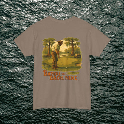 Bayou To Back Nine Softstyle Golf Tee featuring a golfer design on a light brown t-shirt, ideal for comfortable casual outings and gifting.