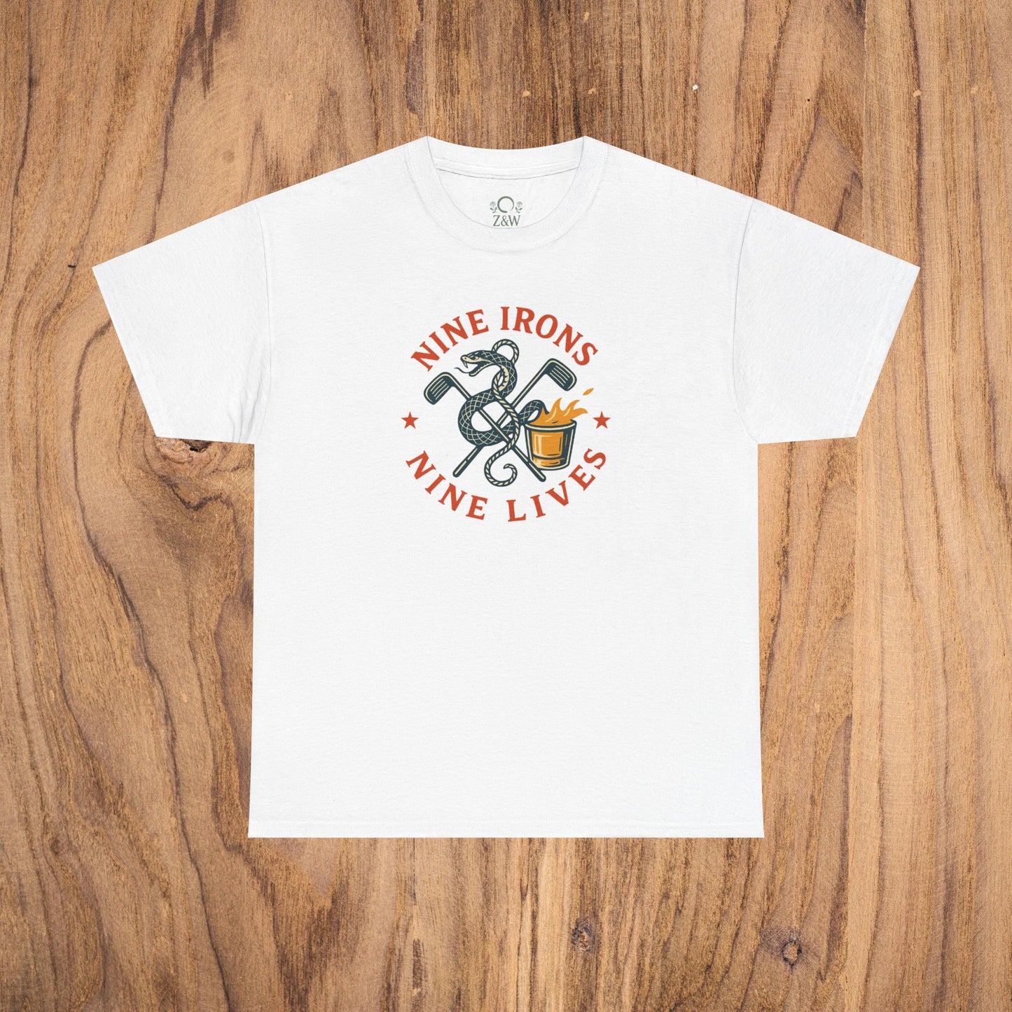 Golf-Themed 100% Cotton T-Shirt in white showing 'Nine Irons Nine Lives' design, great casual wear option for golf lovers and a perfect gift for fathers.
