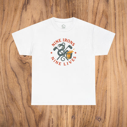 Golf-Themed 100% Cotton T-Shirt in white showing 'Nine Irons Nine Lives' design, great casual wear option for golf lovers and a perfect gift for fathers.