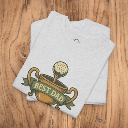 Best Dad Trophy T-Shirt in heather gray, designed with an eye-catching golf trophy graphic and 'BEST DAD,' made from soft cotton for a comfortable fit and durability.