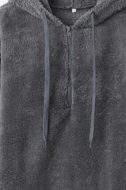 Cozy Full Size Teddy Hoodie with Quarter-Zip and Drawstring in soft gray, perfect for casual wear.