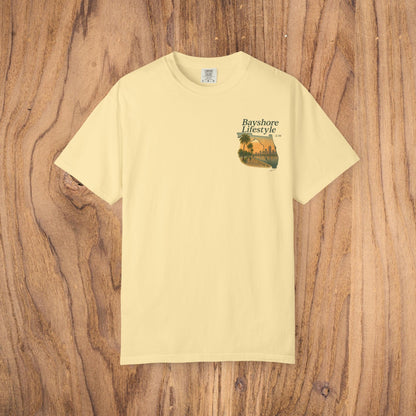Bayshore Lifestyle Tee featured in soft yellow, made of 100% cotton lightweight fabric, perfect for casual wear.