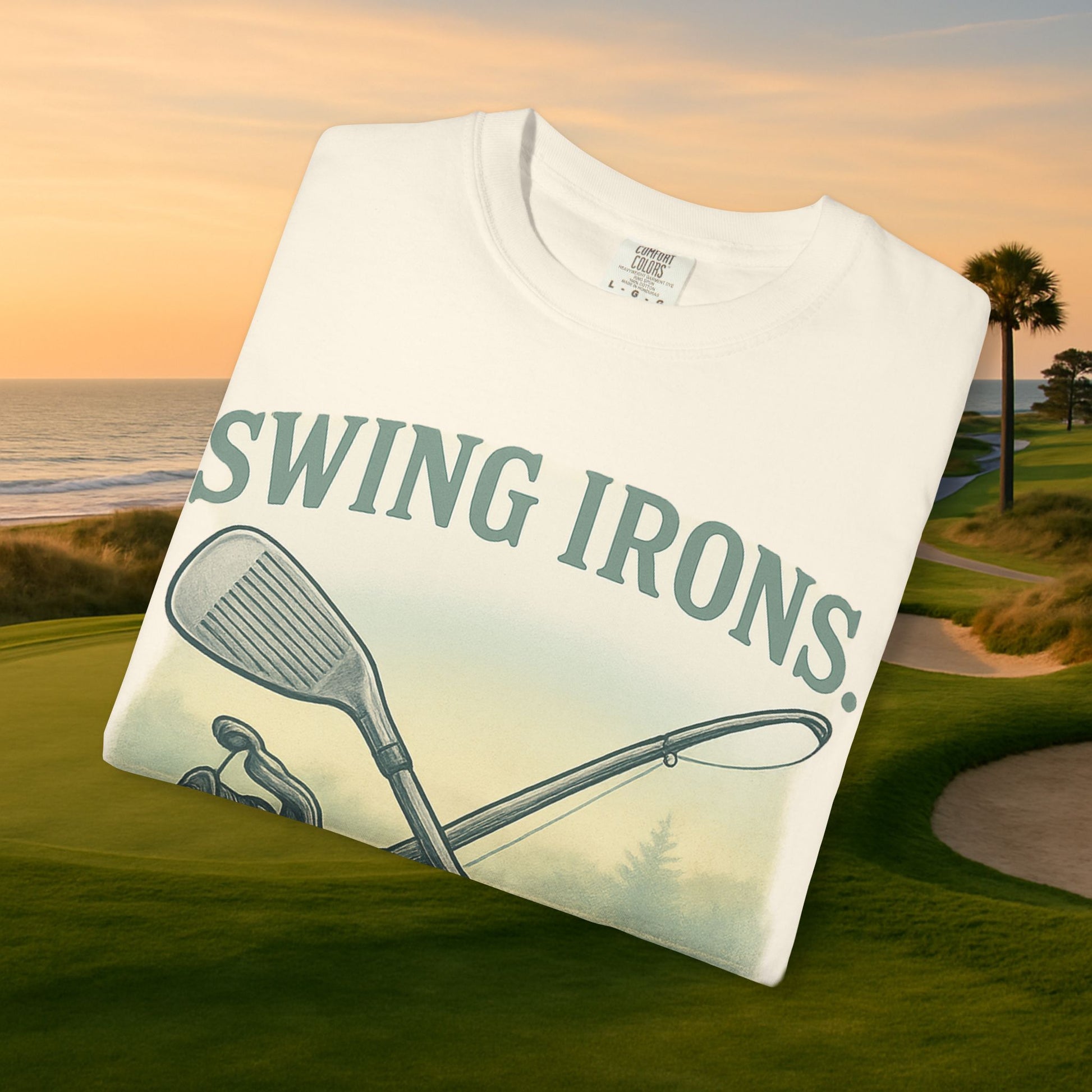 Close-up of the Swing Irons Cast Lines T-Shirt featuring vintage golf club graphics, highlighting the soft 100% cotton material and unique design.