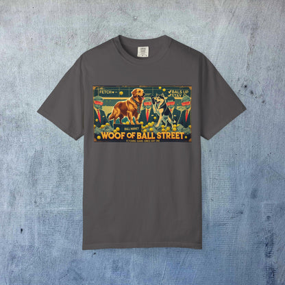 Sleek Woof of Ball Street T-Shirt in dark gray, featuring a fun dog design with the phrase 'Woof of Ball Street' for ultimate comfort and style.