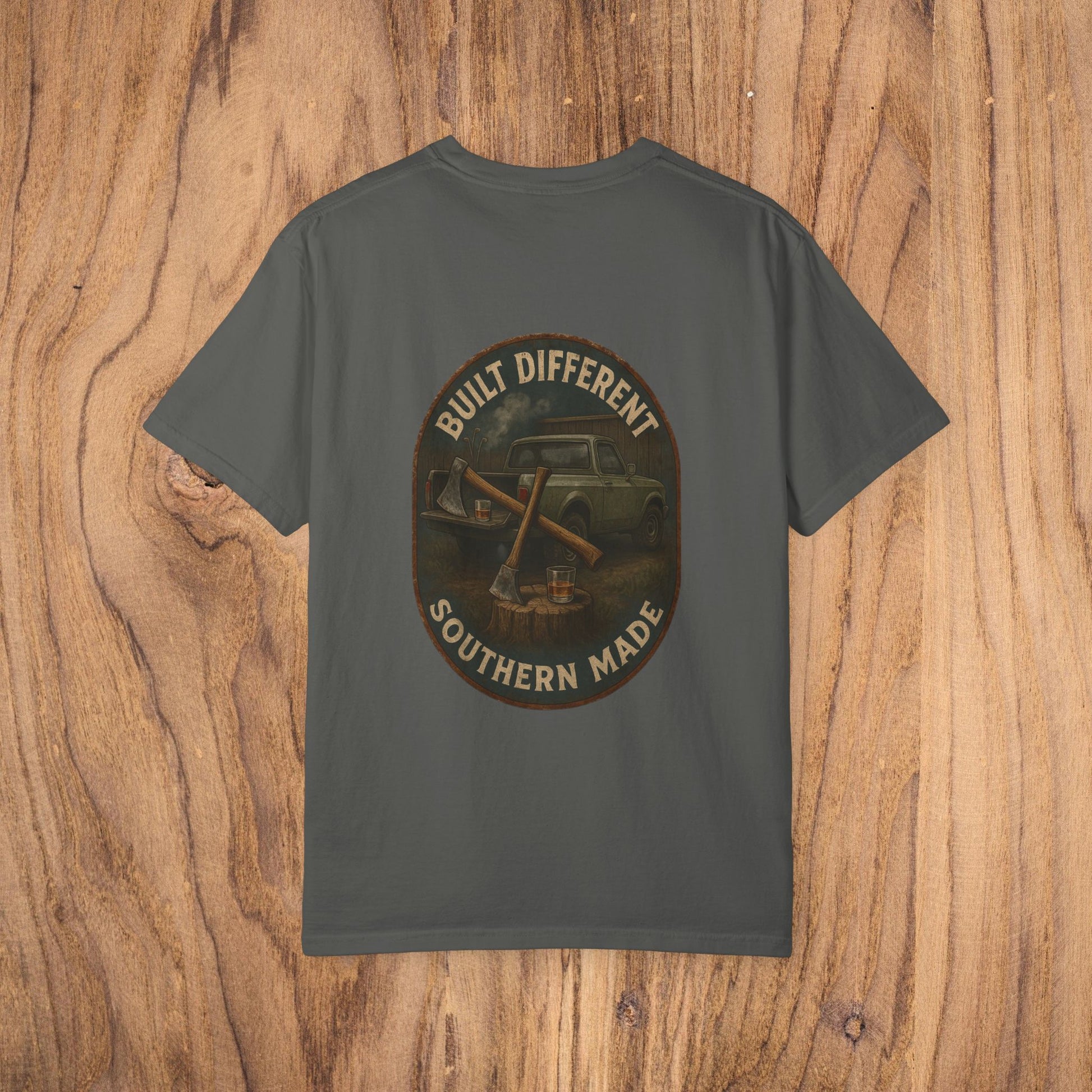 Premium Southern Made T-Shirt with a vintage car graphic on the back, set against a textured wood background. Perfect for stylish casual wear in multiple sizes.