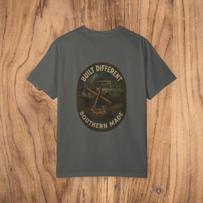 Premium Southern Made T-Shirt with a vintage car graphic on the back, set against a textured wood background. Perfect for stylish casual wear in multiple sizes.