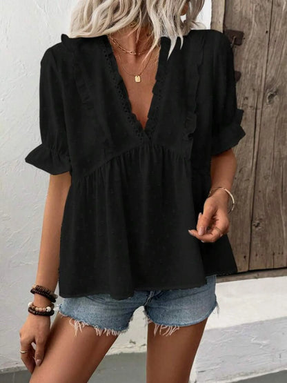 Front view of the Swiss Dot Ruffled V-Neck Blouse in black, featuring flounce sleeves and a flattering babydoll shape, ideal for trendy summer styling.