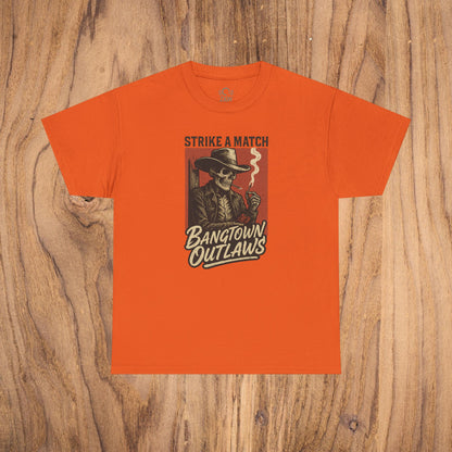 Bangtown Outlaws Retro Casual Party Shirt in orange color with a vintage skeleton graphic and the phrase 'Strike a Match', perfect for stylish gifting and vibrant gatherings.