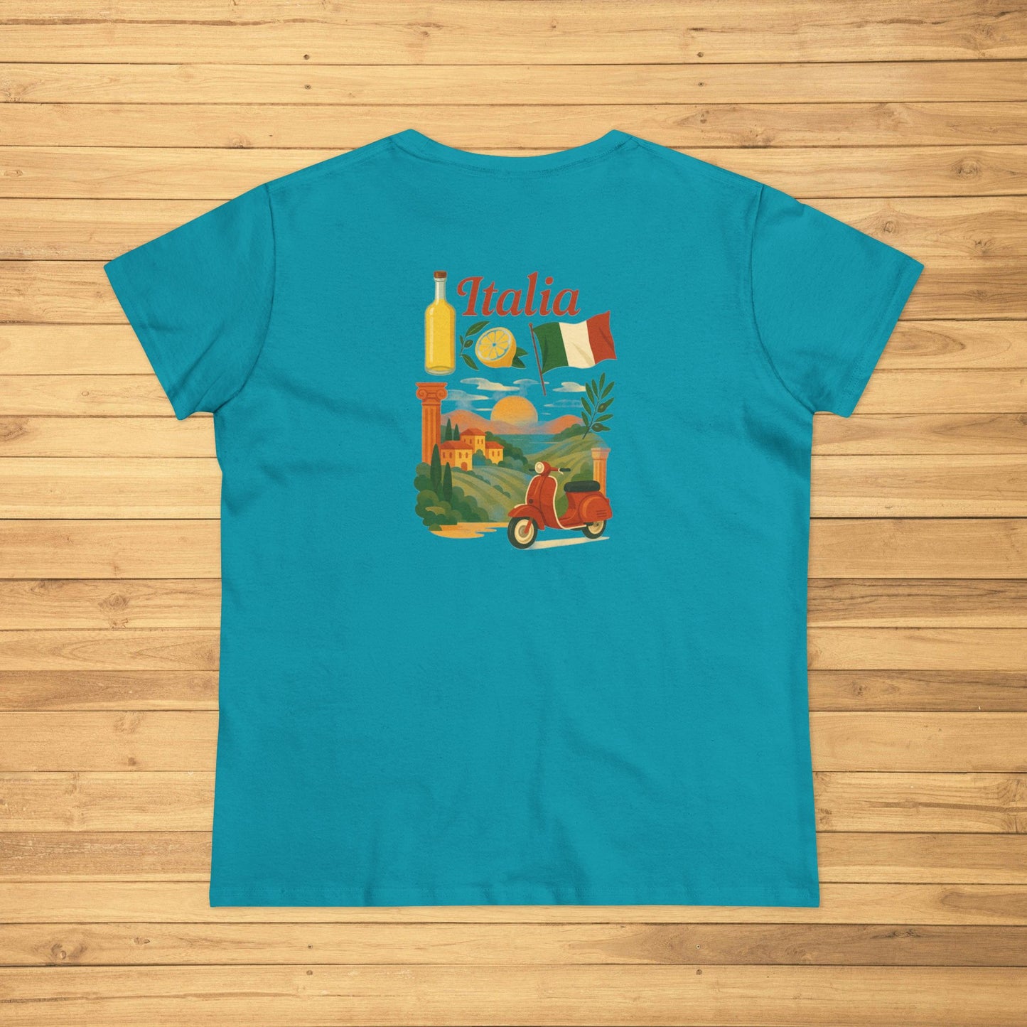 Back view of a Unisex Ultra Cotton Tee with Italian Heritage Design featuring vibrant colors, iconic Italian elements like a Vespa scooter, olive branch, and landmarks, perfect for casual adventures.