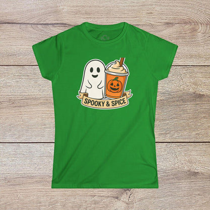 Spooky And Spice Ghost Graphic Tee in bright green, featuring a whimsical ghost and pumpkin spice drink motif, suitable for year-round fun.