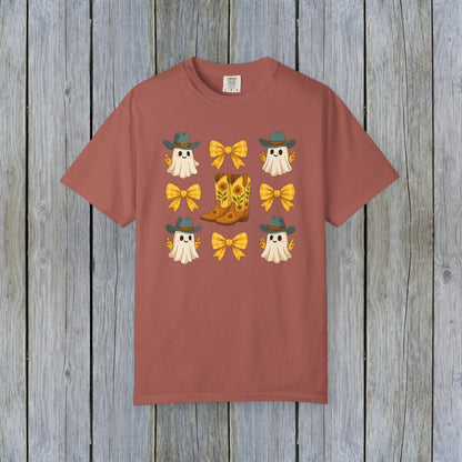 Cute Halloween T-Shirt decorated with adorable ghosts in cowboy hats and charming cowboy boots with yellow bows, designed for unisex fall fashion using eco-friendly materials.