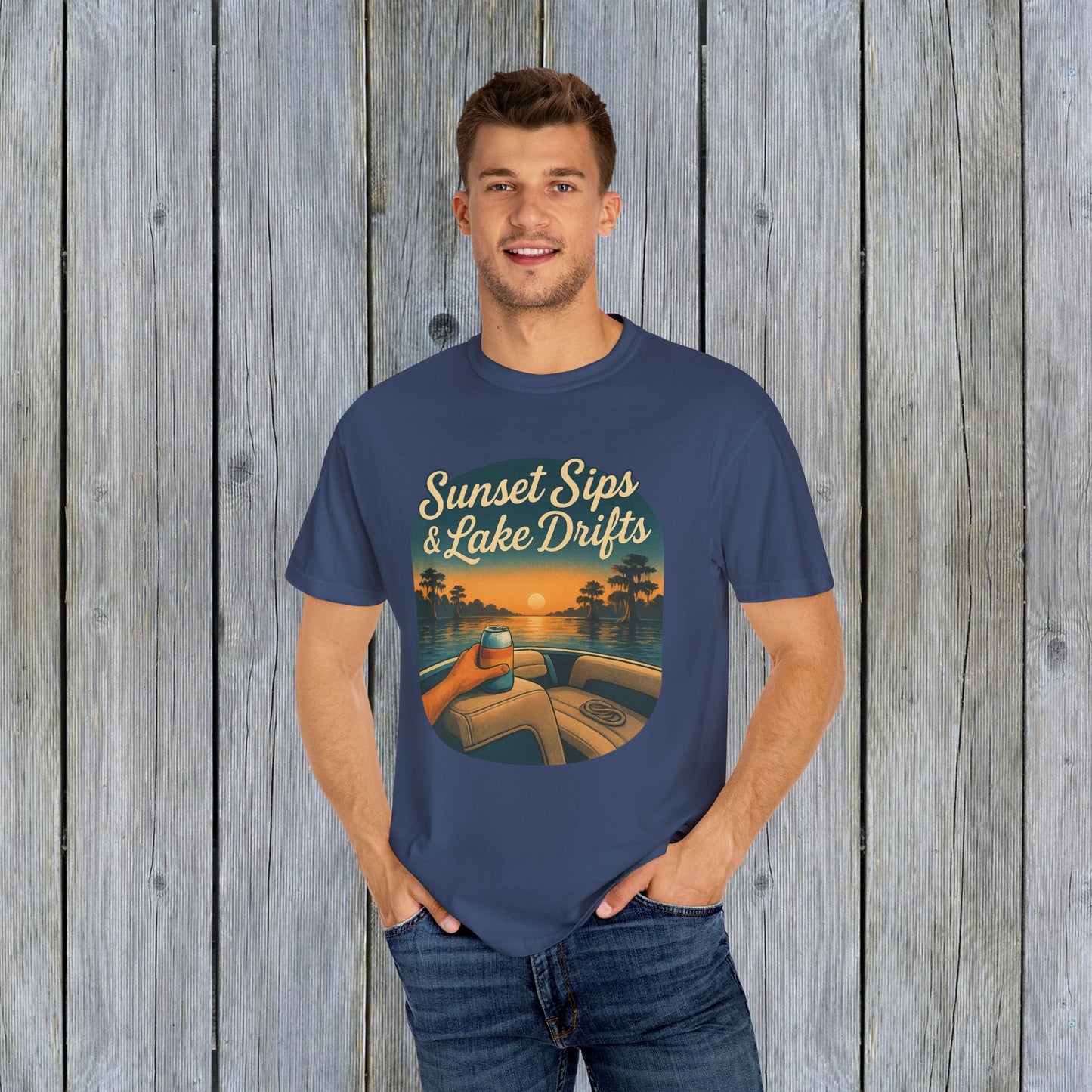Model showcasing the Lake Drifts T-Shirt in classic navy, designed with 'Sunset Sips & Lake Drifts' print, perfect for casual outings.