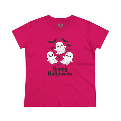 Cute Halloween Ghost T-Shirt for Kids & Adults in vibrant fuchsia, adorned with three playful ghosts. Perfect as unisex spooky apparel for Halloween celebrations.