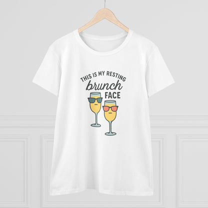 Front view of Women's Premium 100% Cotton Brunch Face Tee - Comfortable, Durable & Stylish featuring a humorous brunch-themed graphic with sunglasses-wearing cocktails.