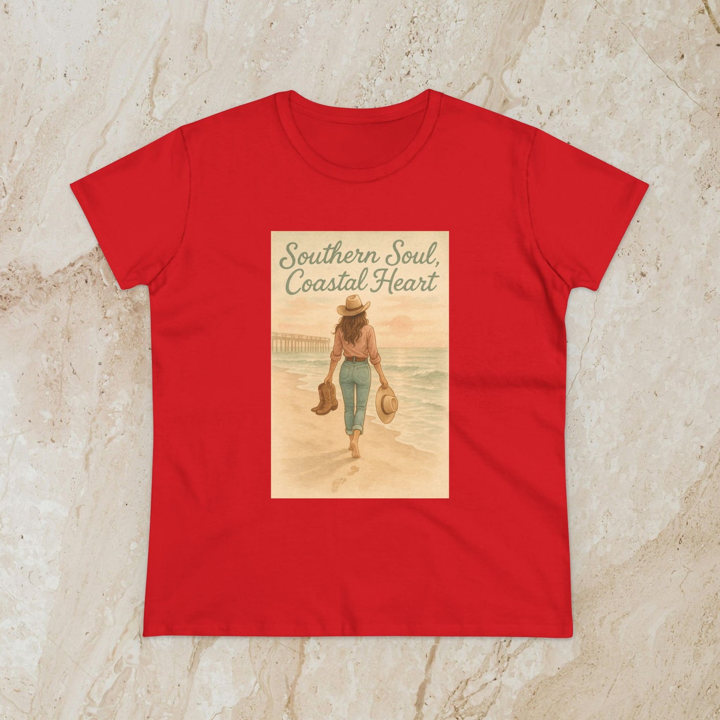 Southern Soul Coated Heart Tee in vibrant red featuring a walking figure by the beach, embodying coastal charm and style.