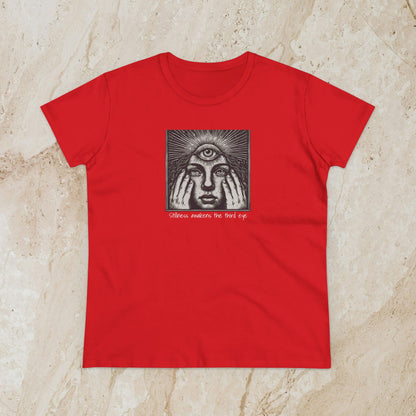 Stylish Third Eye Graphic Tee in red, showcasing a detailed graphic of an eye surrounded by hands. Crafted from soft 100% cotton, this cropped t-shirt combines durability and trendy style.