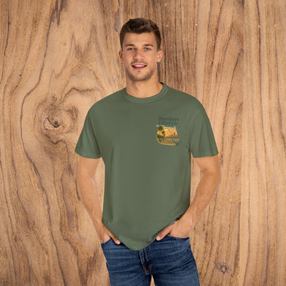 Man wearing the Bayshore Lifestyle Tee in green, featuring a stylish front pocket design, ideal for casual outings.