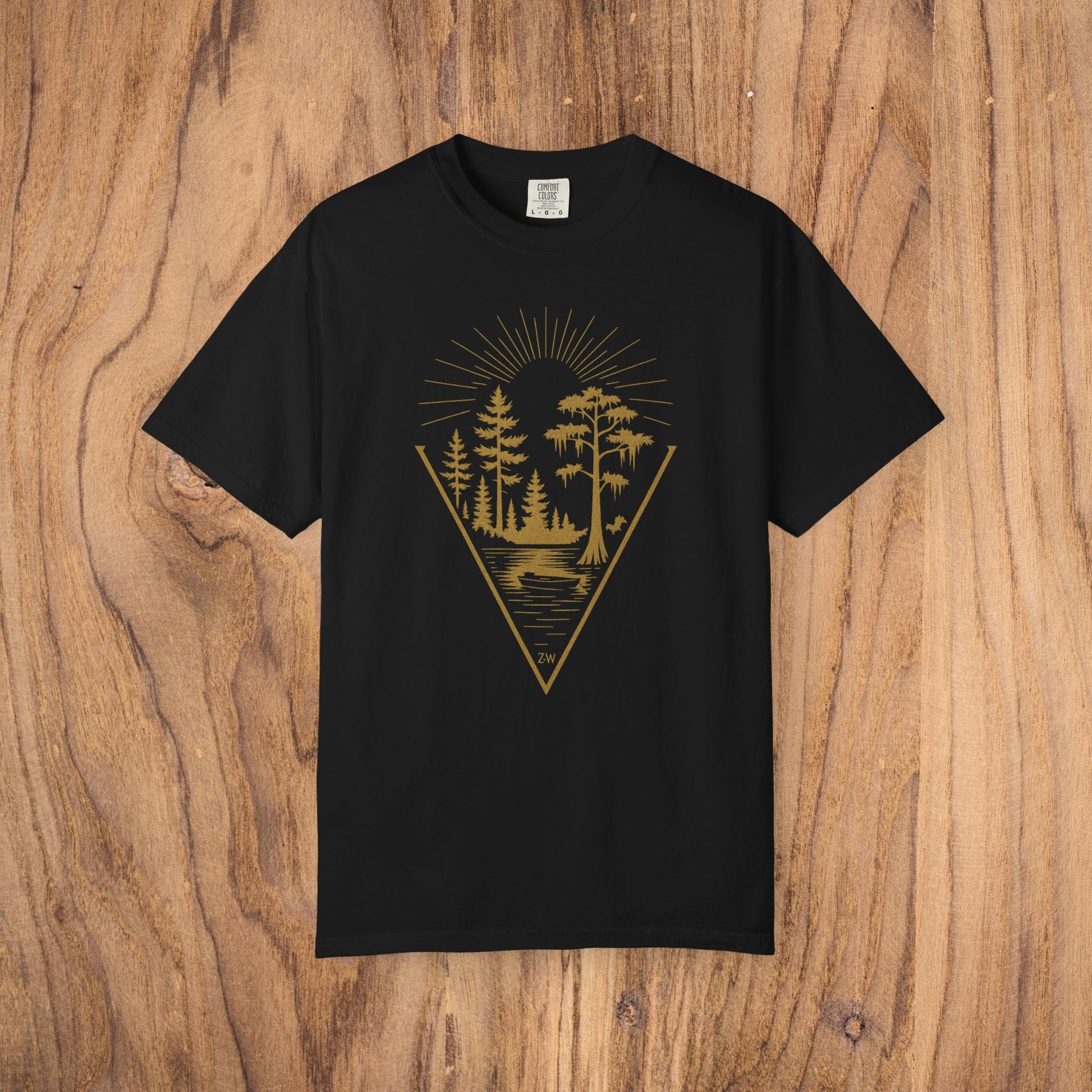 Nature Outdoor Vibes Tee in black, crafted from 100% US cotton, highlighting a stylish forest scene and sun illustration, ensuring seamless comfort and durability, sizes S-4XL available.