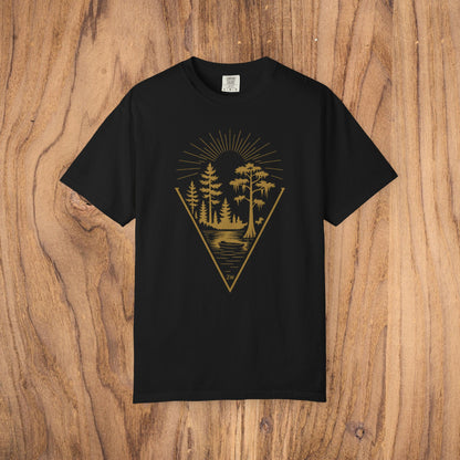Nature Outdoor Vibes Tee in black, crafted from 100% US cotton, highlighting a stylish forest scene and sun illustration, ensuring seamless comfort and durability, sizes S-4XL available.