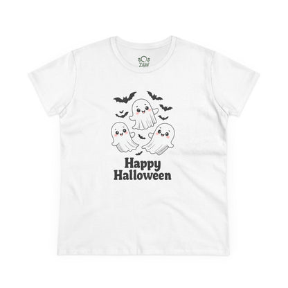 Cute Halloween Ghost T-Shirt for Kids & Adults, Unisex Spooky Tee in classic white showcasing adorable ghosts and bats, ideal for Halloween celebrations and easy styling.