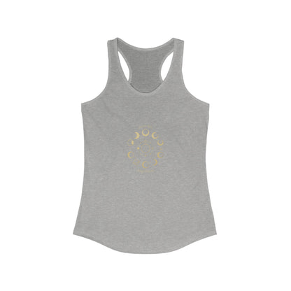 Stay Lunar Yoga Tank in light gray color, made from lightweight 60% cotton and 40% polyester, featuring a moon phase design.