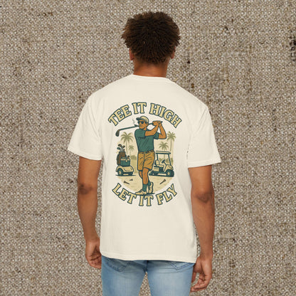 Back view of the Tee It High Let It Fly Graphic Tee, depicting a golfer in action alongside a car, showcasing vibrant colors on a light t-shirt, great for golf enthusiasts.