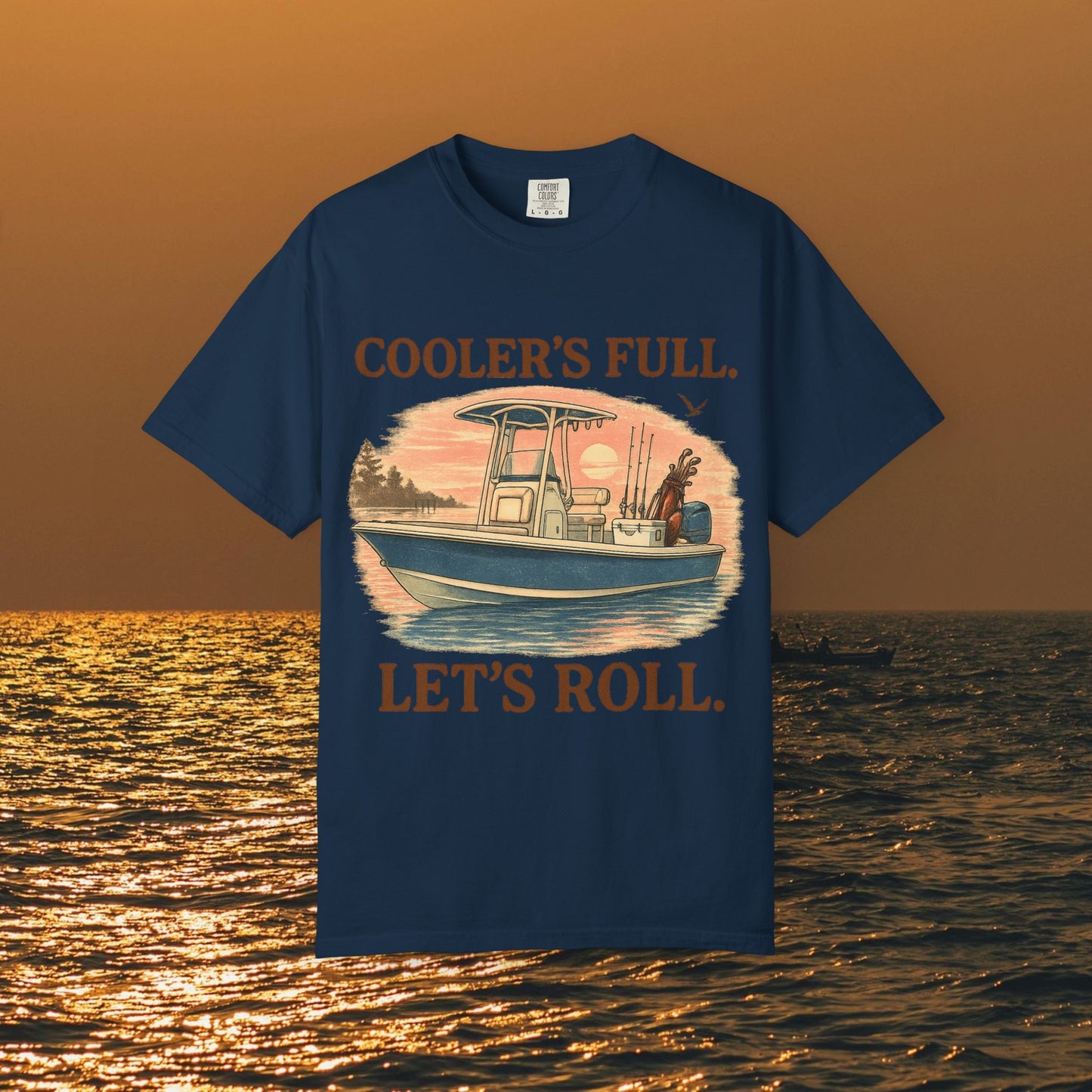 Men's & Women's Durable Cotton Full Tee with 'Cooler's Full. Let's Roll.' statement, in navy color, perfect for casual wear and adventure lovers.